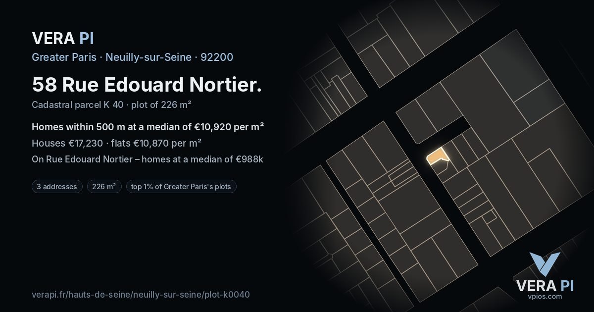 58 Rue Edouard Nortier, Neuilly-sur-Seine at night – the plot lit, the parcels around coloured by the prices near them