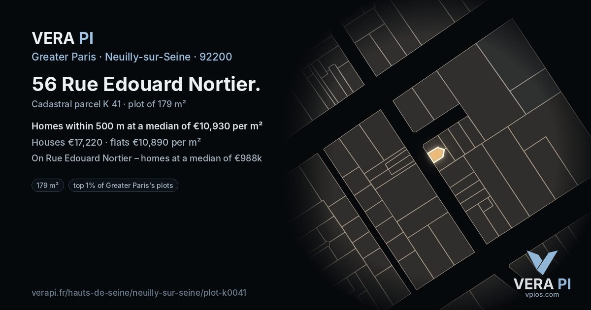 56 Rue Edouard Nortier, Neuilly-sur-Seine at night – the plot lit, the parcels around coloured by the prices near them