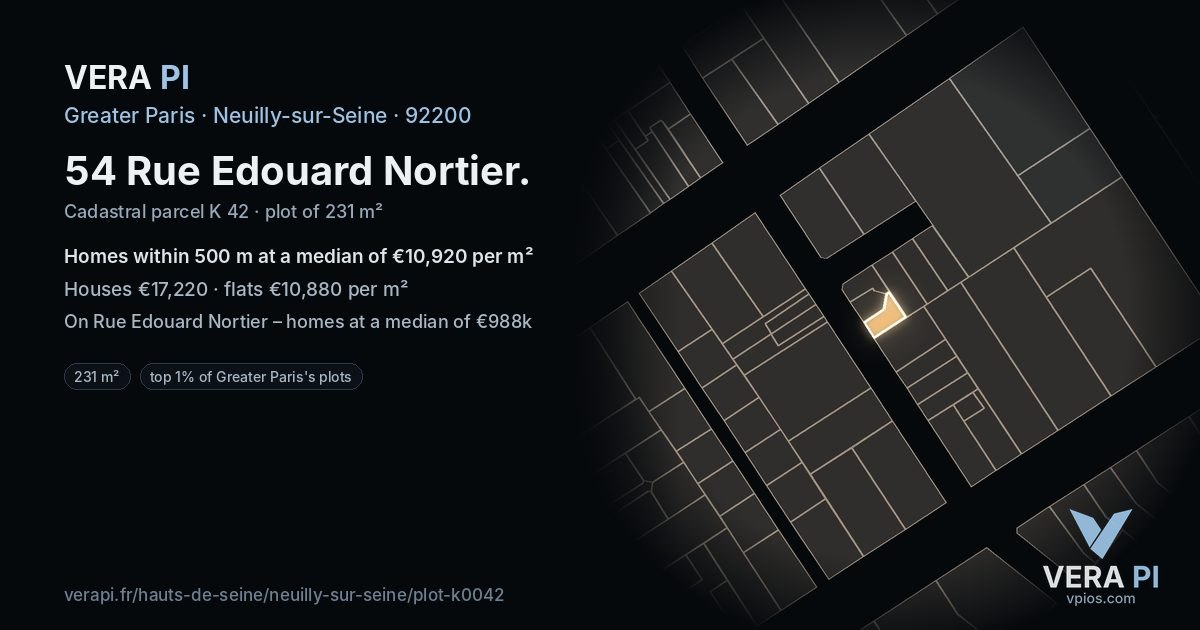 54 Rue Edouard Nortier, Neuilly-sur-Seine at night – the plot lit, the parcels around coloured by the prices near them