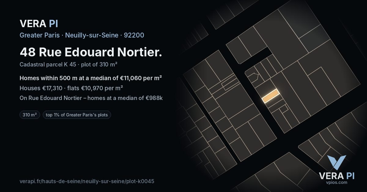 48 Rue Edouard Nortier, Neuilly-sur-Seine at night – the plot lit, the parcels around coloured by the prices near them