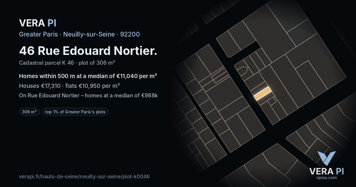 46 Rue Edouard Nortier, Neuilly-sur-Seine at night – the plot lit, the parcels around coloured by the prices near them