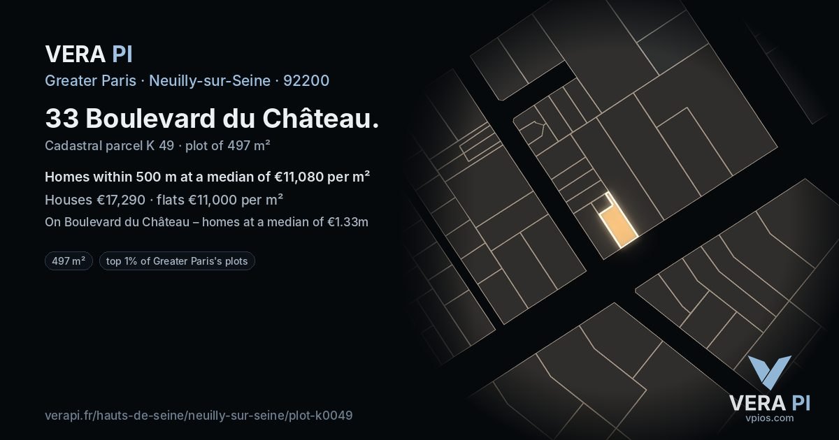33 Boulevard du Château, Neuilly-sur-Seine at night – the plot lit, the parcels around coloured by the prices near them