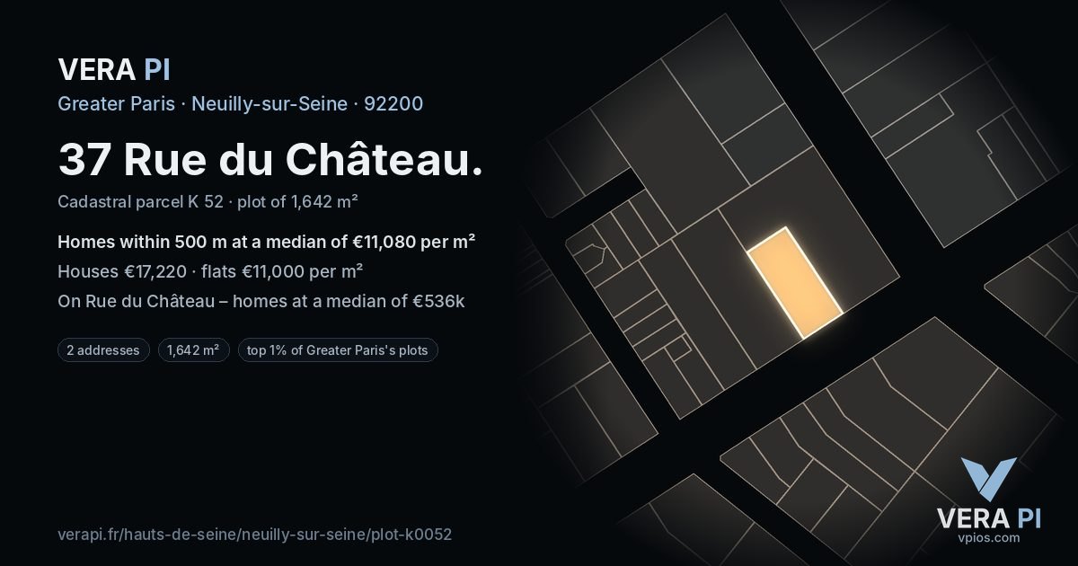 37 Rue du Château, Neuilly-sur-Seine at night – the plot lit, the parcels around coloured by the prices near them