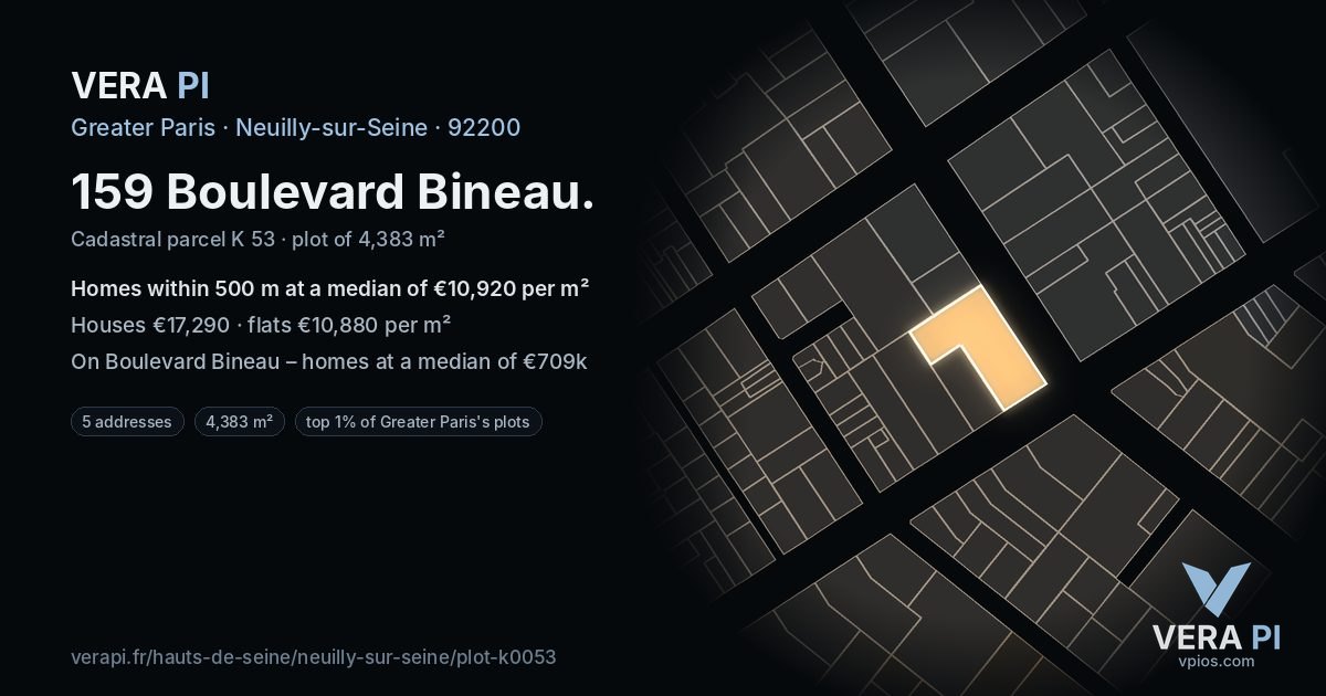 159 Boulevard Bineau, Neuilly-sur-Seine at night – the plot lit, the parcels around coloured by the prices near them
