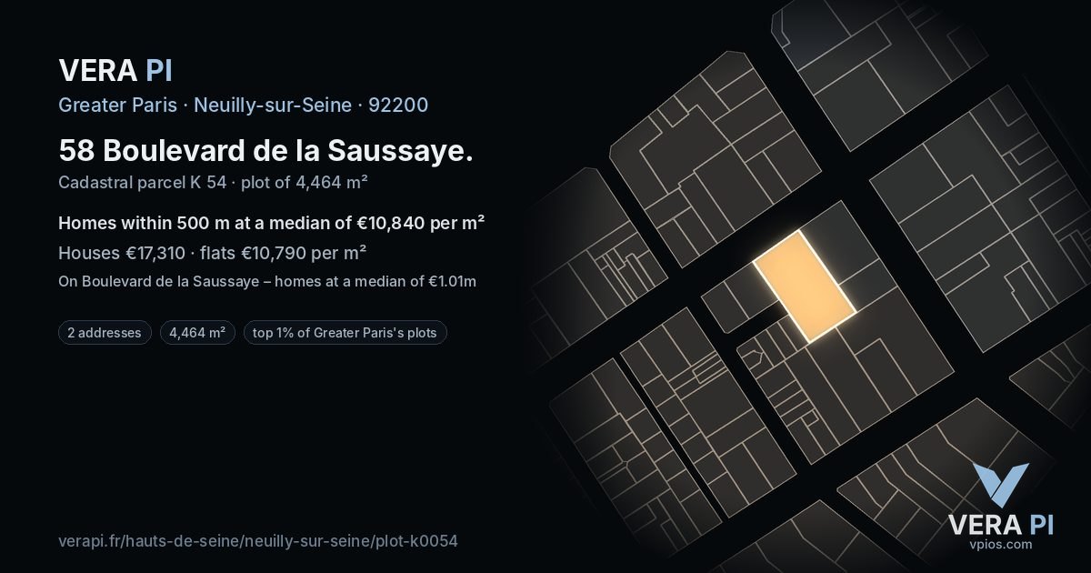 58 Boulevard de la Saussaye, Neuilly-sur-Seine at night – the plot lit, the parcels around coloured by the prices near them