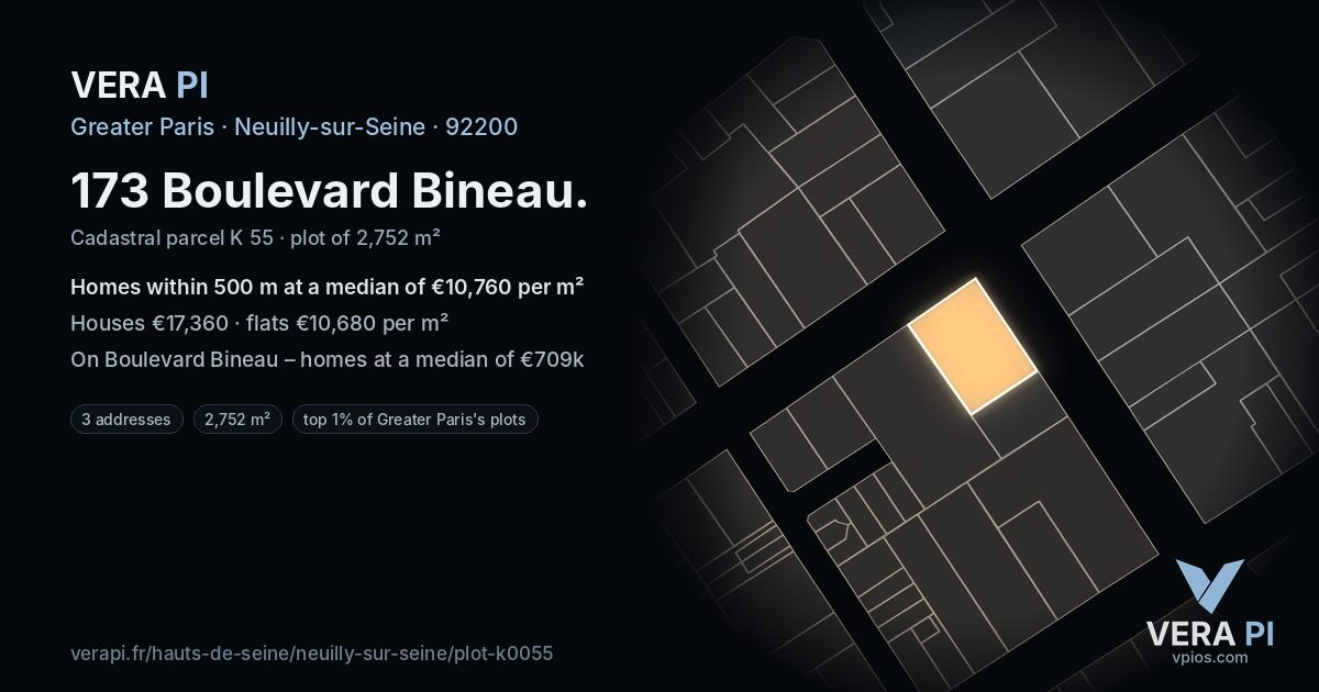 173 Boulevard Bineau, Neuilly-sur-Seine at night – the plot lit, the parcels around coloured by the prices near them