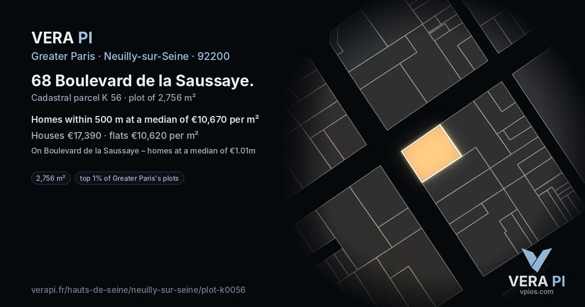 68 Boulevard de la Saussaye, Neuilly-sur-Seine at night – the plot lit, the parcels around coloured by the prices near them