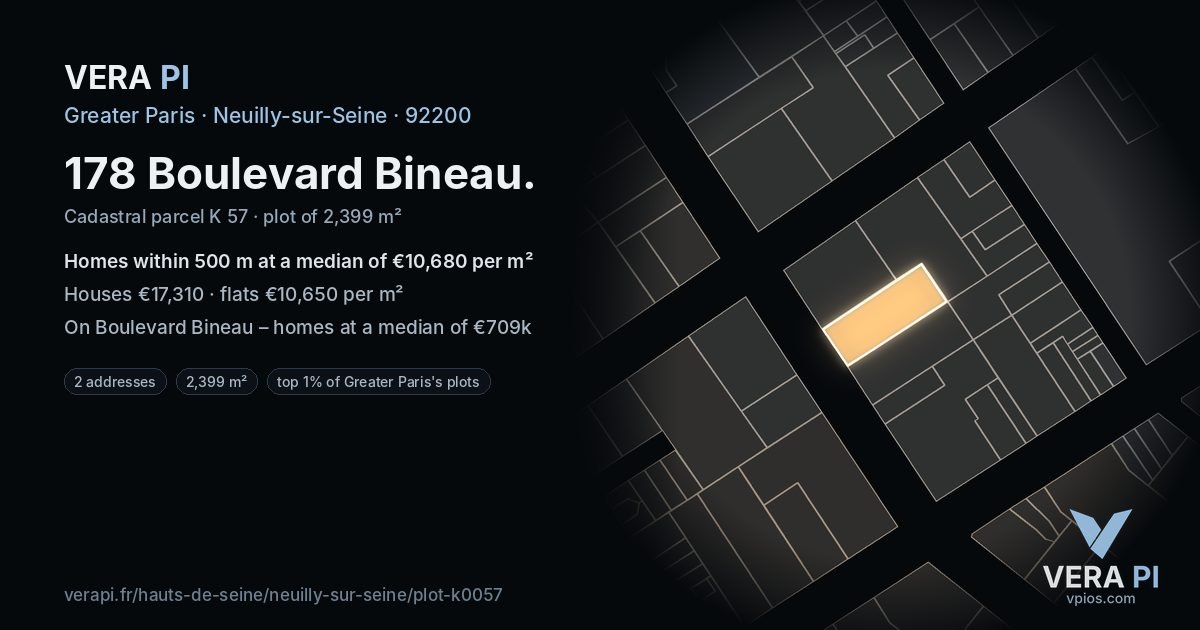 178 Boulevard Bineau, Neuilly-sur-Seine at night – the plot lit, the parcels around coloured by the prices near them