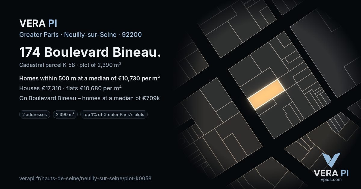 174 Boulevard Bineau, Neuilly-sur-Seine at night – the plot lit, the parcels around coloured by the prices near them