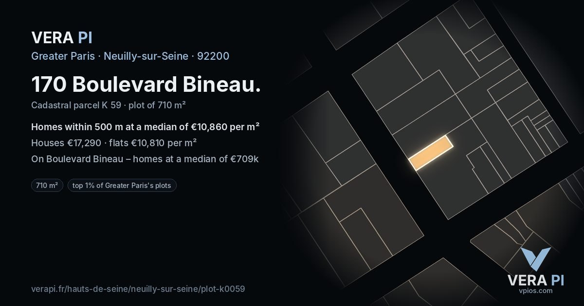 170 Boulevard Bineau, Neuilly-sur-Seine at night – the plot lit, the parcels around coloured by the prices near them