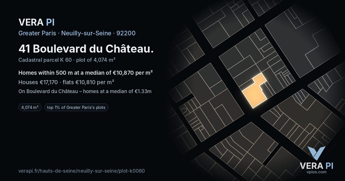 41 Boulevard du Château, Neuilly-sur-Seine at night – the plot lit, the parcels around coloured by the prices near them