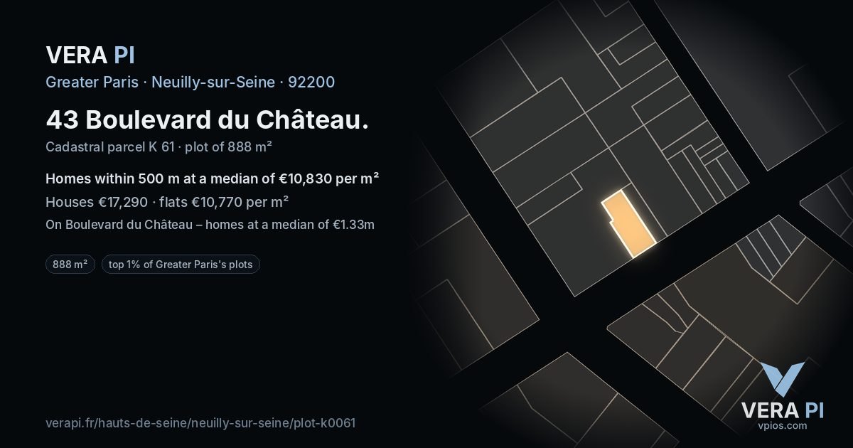 43 Boulevard du Château, Neuilly-sur-Seine at night – the plot lit, the parcels around coloured by the prices near them
