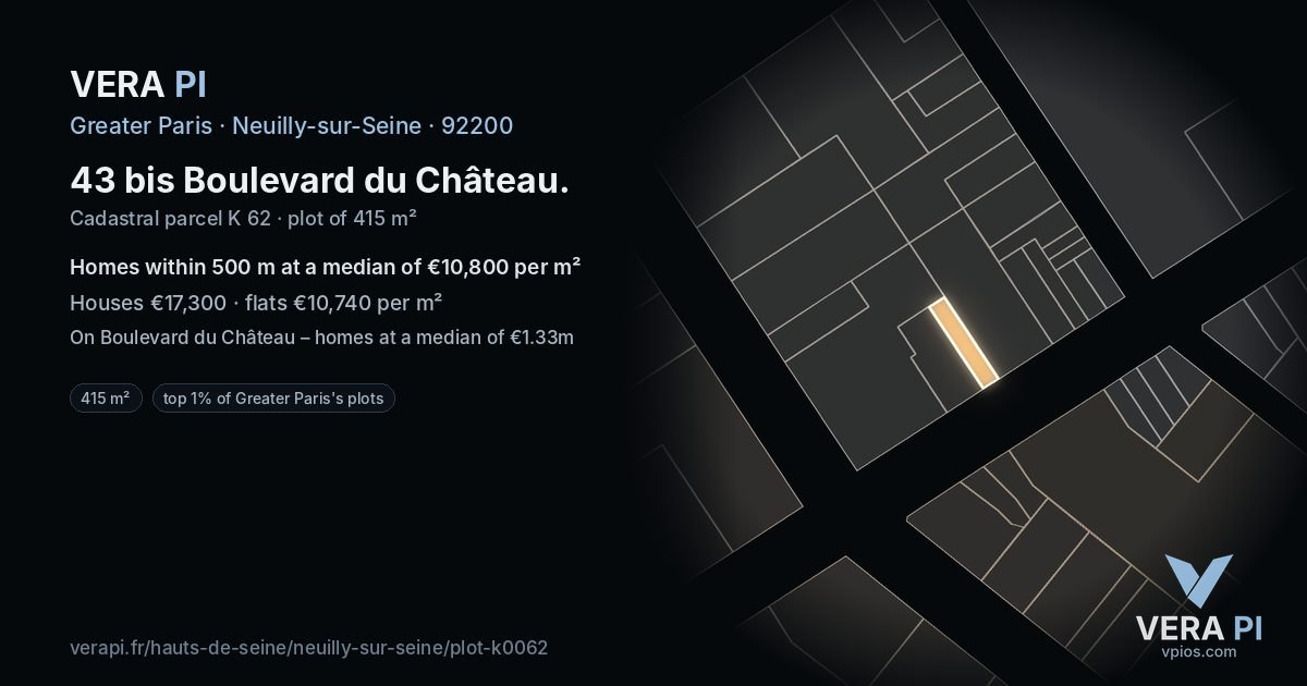 43 bis Boulevard du Château, Neuilly-sur-Seine at night – the plot lit, the parcels around coloured by the prices near them