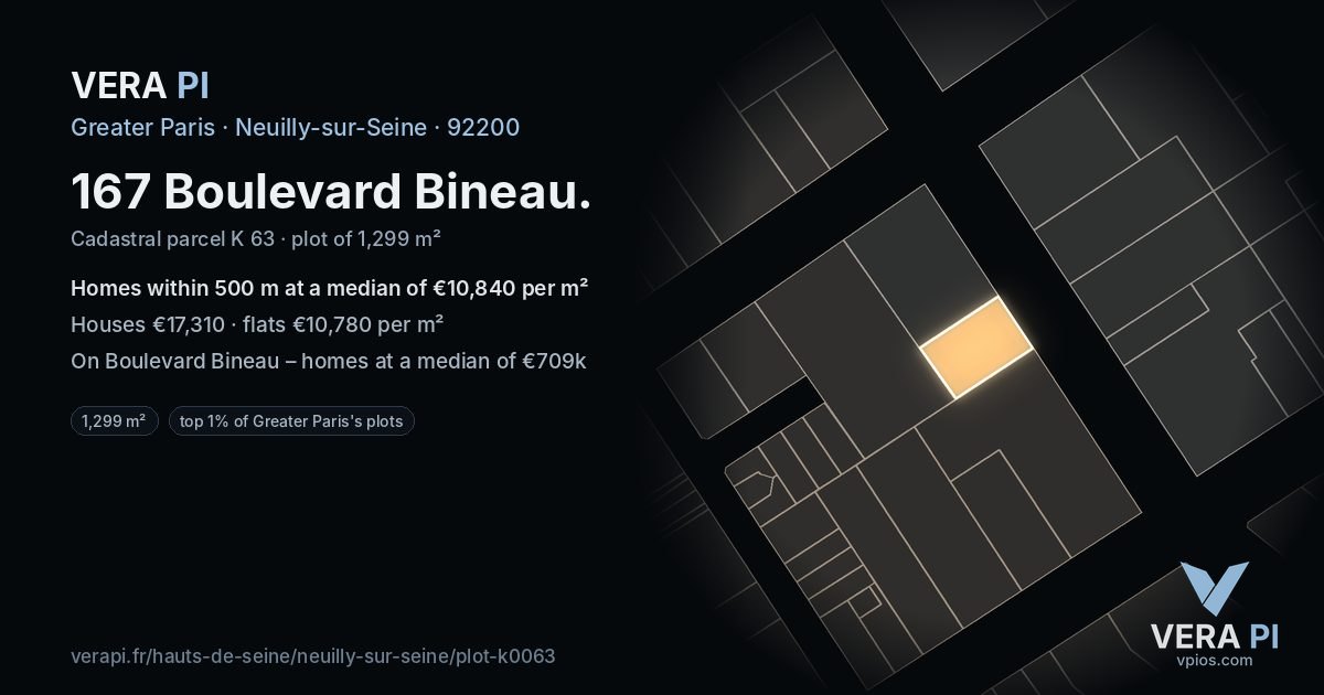 167 Boulevard Bineau, Neuilly-sur-Seine at night – the plot lit, the parcels around coloured by the prices near them