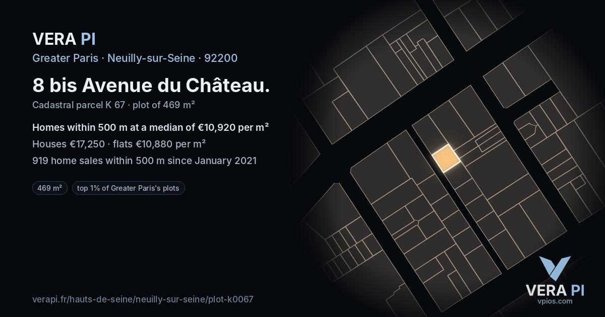 8 bis Avenue du Château, Neuilly-sur-Seine at night – the plot lit, the parcels around coloured by the prices near them