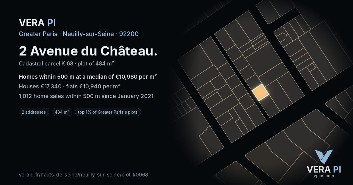 2 Avenue du Château, Neuilly-sur-Seine at night – the plot lit, the parcels around coloured by the prices near them