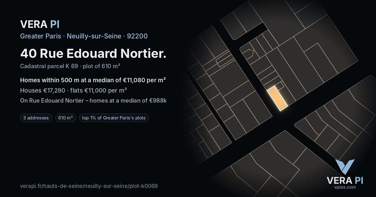 40 Rue Edouard Nortier, Neuilly-sur-Seine at night – the plot lit, the parcels around coloured by the prices near them