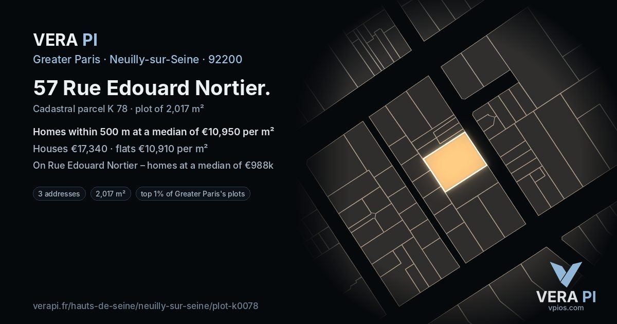57 Rue Edouard Nortier, Neuilly-sur-Seine at night – the plot lit, the parcels around coloured by the prices near them