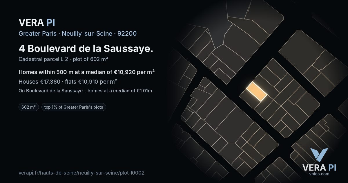 4 Boulevard de la Saussaye, Neuilly-sur-Seine at night – the plot lit, the parcels around coloured by the prices near them
