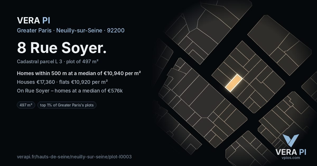 8 Rue Soyer, Neuilly-sur-Seine at night – the plot lit, the parcels around coloured by the prices near them