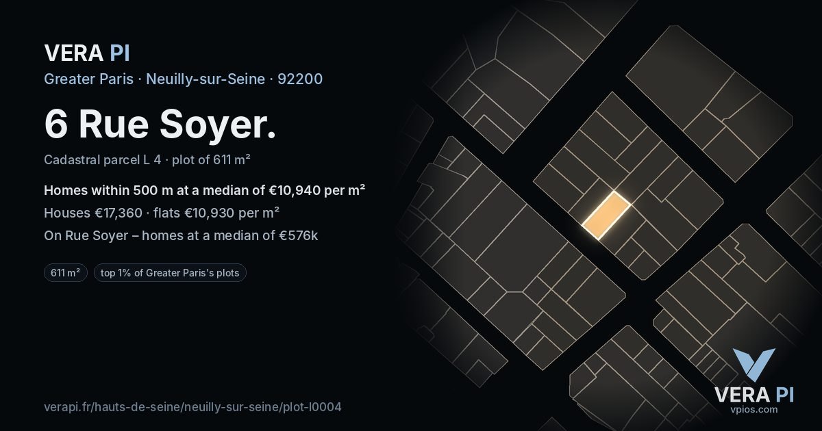 6 Rue Soyer, Neuilly-sur-Seine at night – the plot lit, the parcels around coloured by the prices near them