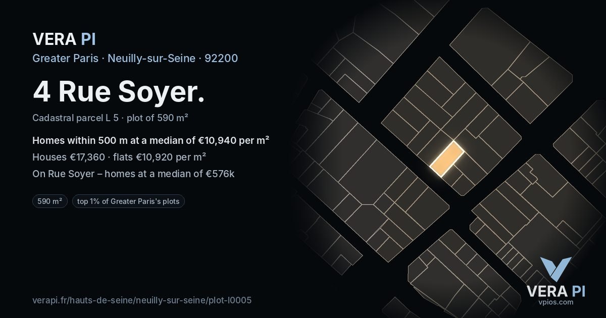 4 Rue Soyer, Neuilly-sur-Seine at night – the plot lit, the parcels around coloured by the prices near them