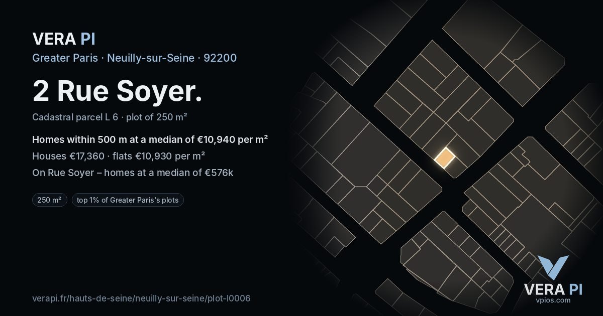 2 Rue Soyer, Neuilly-sur-Seine at night – the plot lit, the parcels around coloured by the prices near them