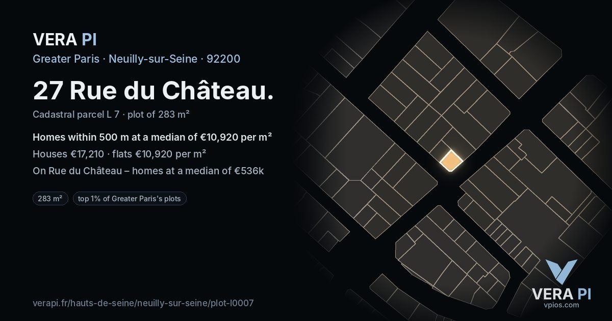 27 Rue du Château, Neuilly-sur-Seine at night – the plot lit, the parcels around coloured by the prices near them