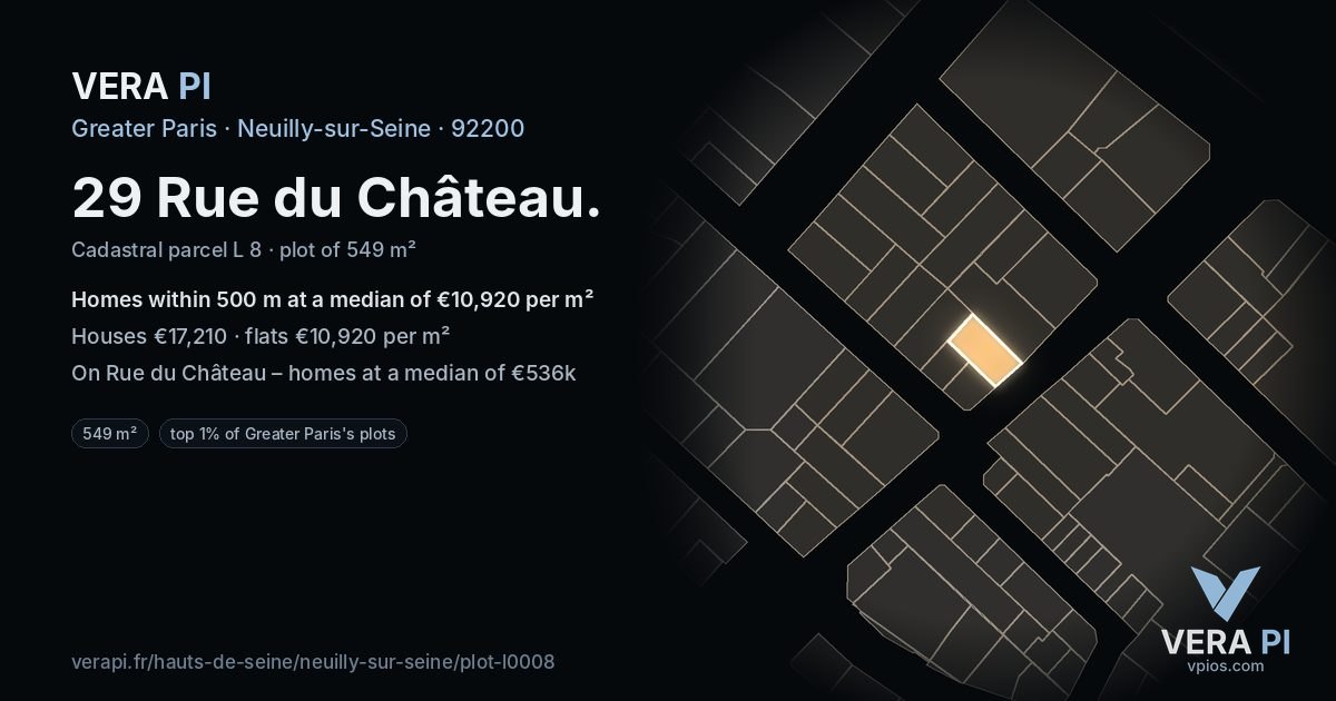 29 Rue du Château, Neuilly-sur-Seine at night – the plot lit, the parcels around coloured by the prices near them