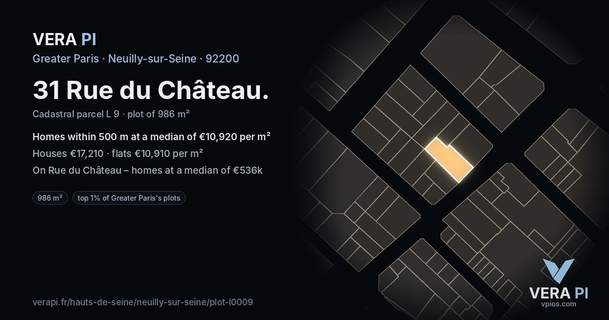 31 Rue du Château, Neuilly-sur-Seine at night – the plot lit, the parcels around coloured by the prices near them
