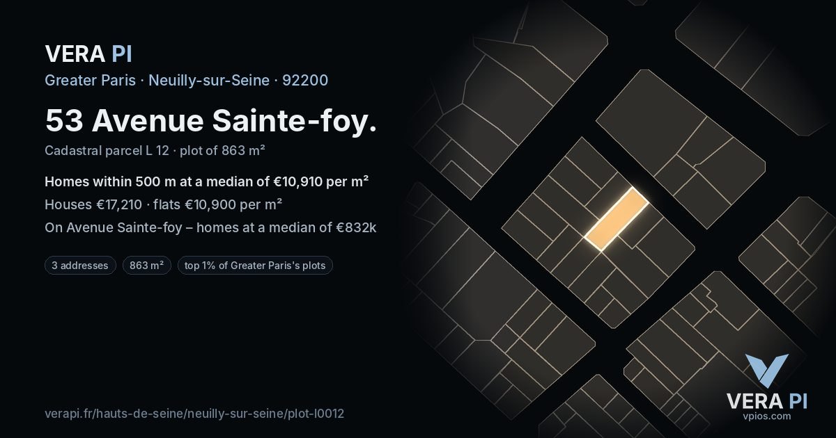 53 Avenue Sainte-foy, Neuilly-sur-Seine at night – the plot lit, the parcels around coloured by the prices near them