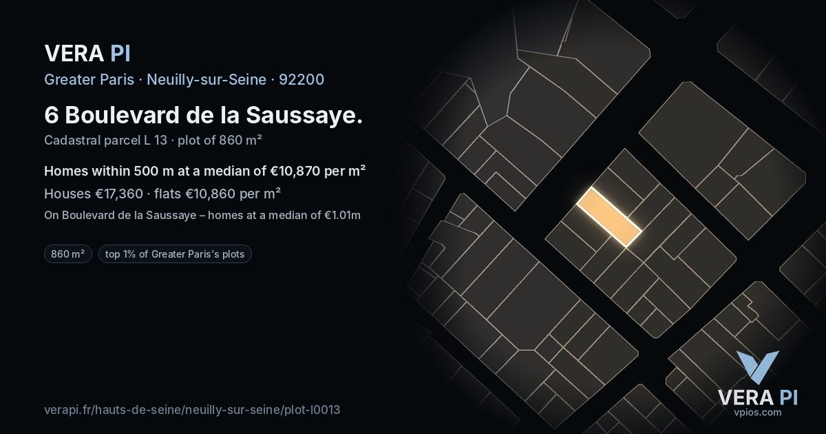 6 Boulevard de la Saussaye, Neuilly-sur-Seine at night – the plot lit, the parcels around coloured by the prices near them