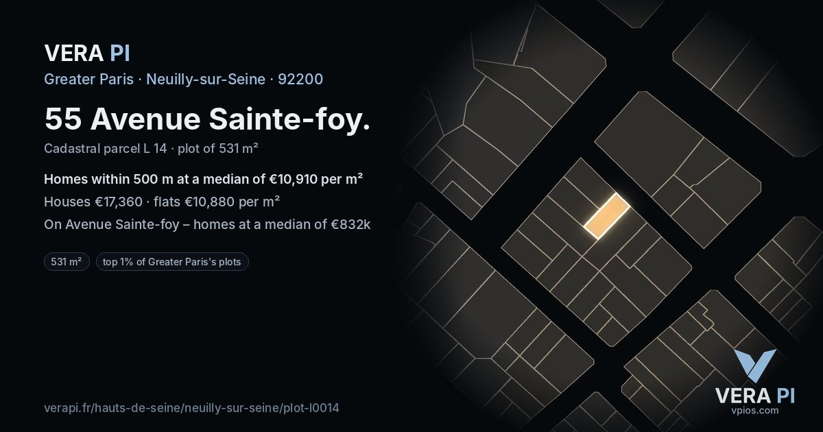 55 Avenue Sainte-foy, Neuilly-sur-Seine at night – the plot lit, the parcels around coloured by the prices near them