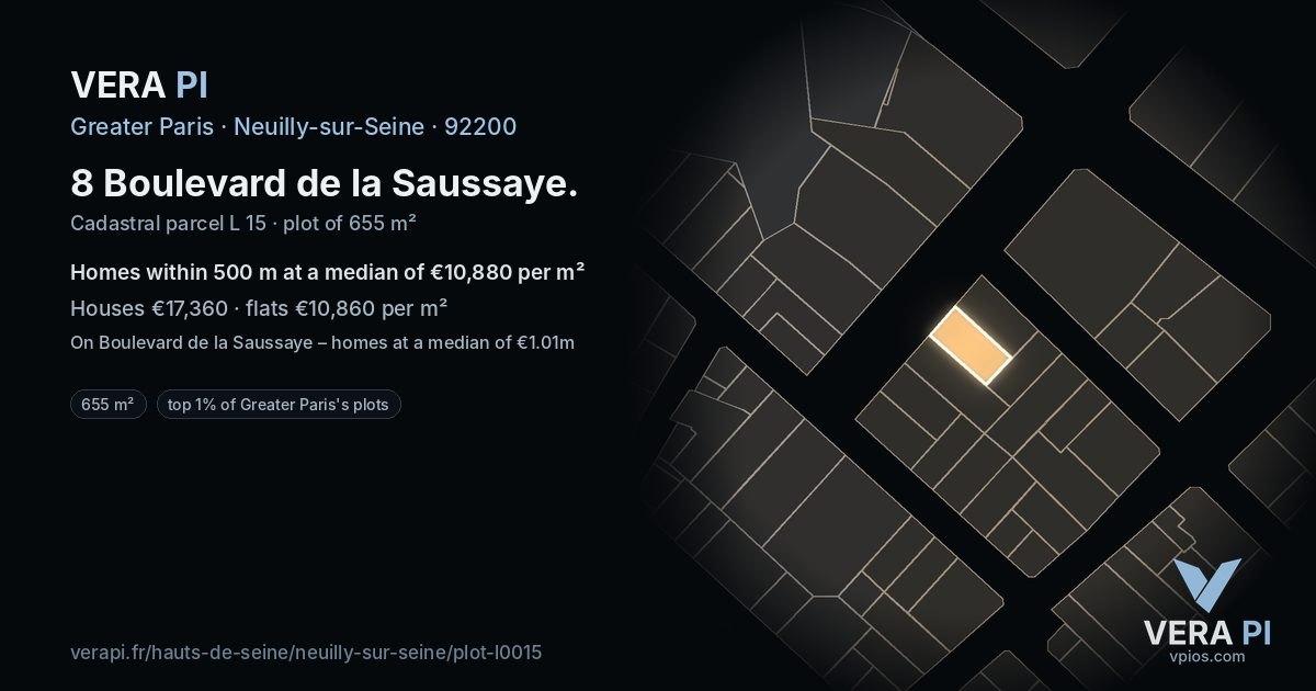 8 Boulevard de la Saussaye, Neuilly-sur-Seine at night – the plot lit, the parcels around coloured by the prices near them
