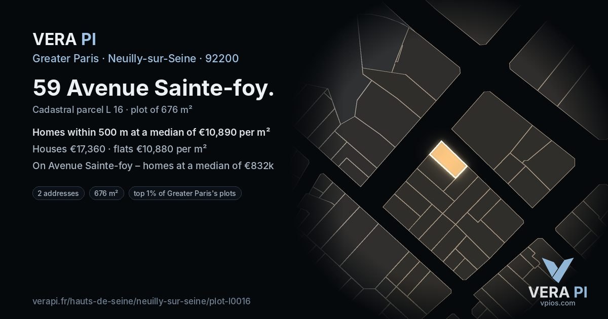 59 Avenue Sainte-foy, Neuilly-sur-Seine at night – the plot lit, the parcels around coloured by the prices near them