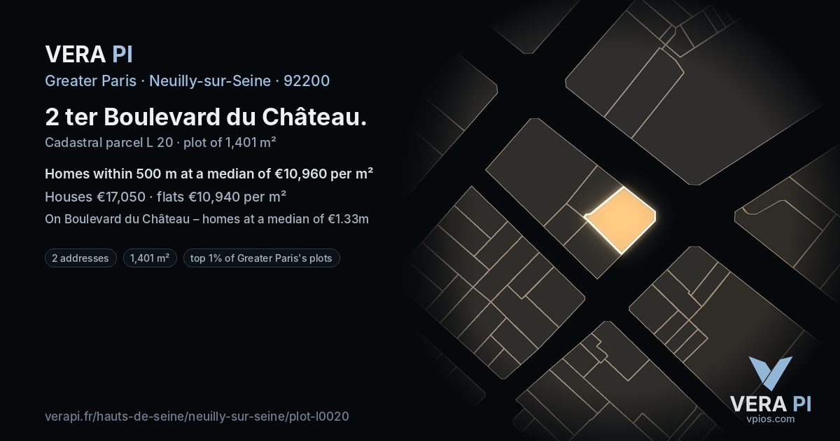 2 ter Boulevard du Château, Neuilly-sur-Seine at night – the plot lit, the parcels around coloured by the prices near them