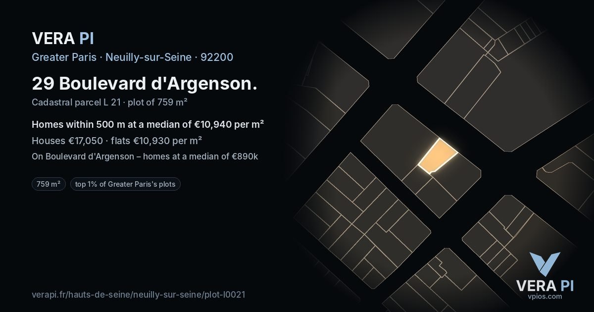 29 Boulevard d'Argenson, Neuilly-sur-Seine at night – the plot lit, the parcels around coloured by the prices near them