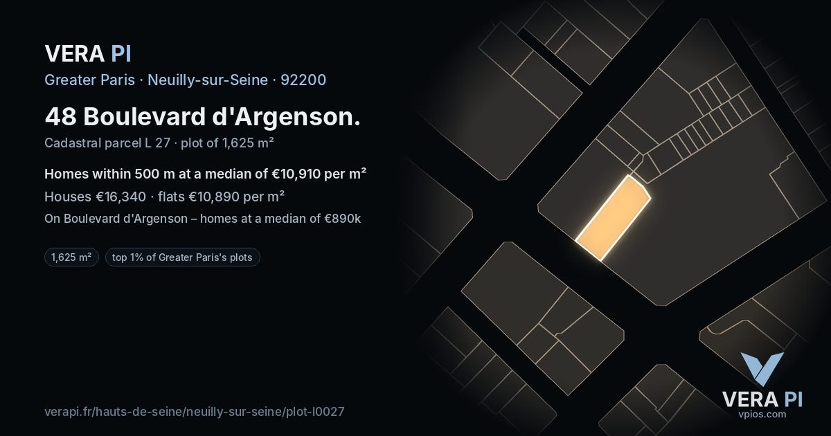 48 Boulevard d'Argenson, Neuilly-sur-Seine at night – the plot lit, the parcels around coloured by the prices near them