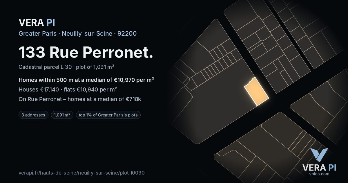 133 Rue Perronet, Neuilly-sur-Seine at night – the plot lit, the parcels around coloured by the prices near them