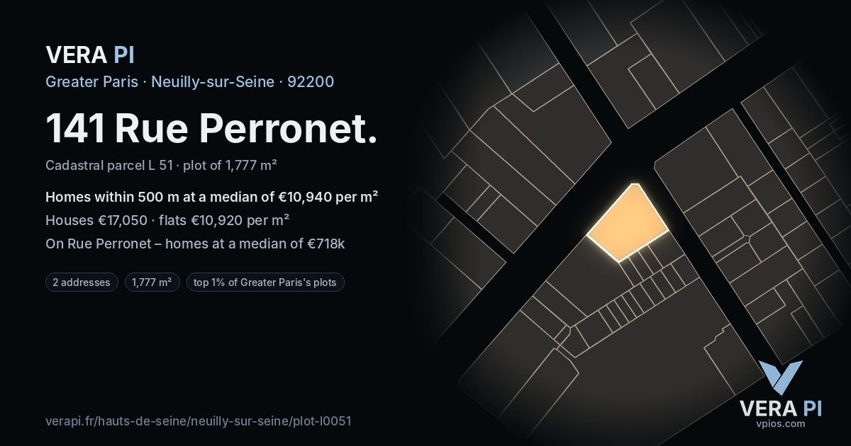 141 Rue Perronet, Neuilly-sur-Seine at night – the plot lit, the parcels around coloured by the prices near them