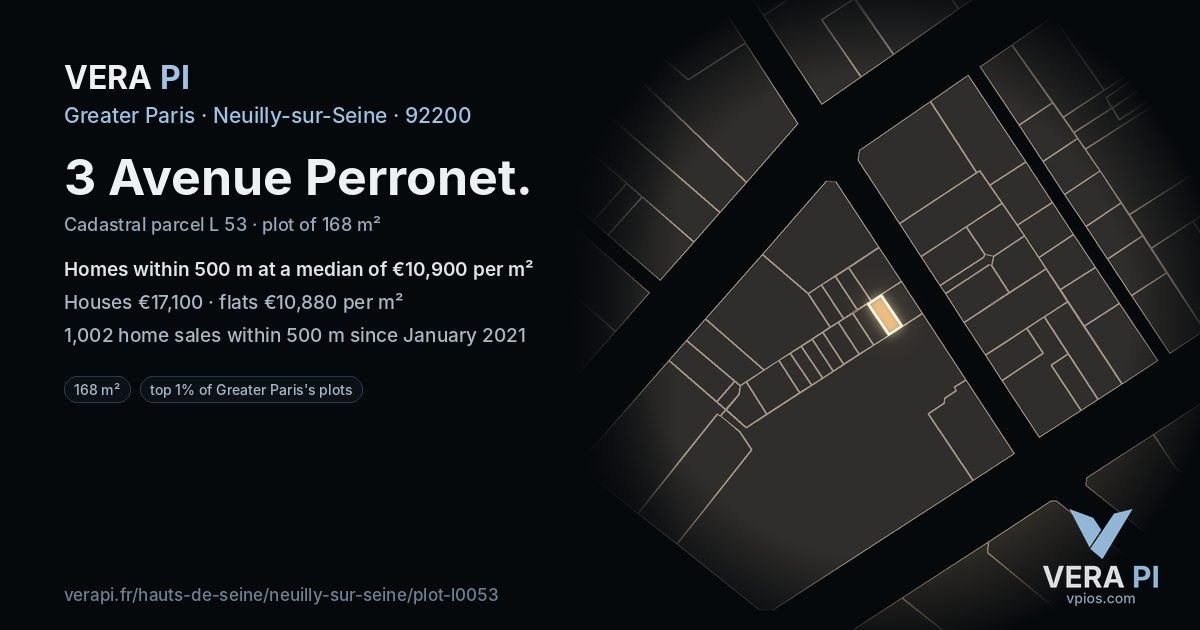3 Avenue Perronet, Neuilly-sur-Seine at night – the plot lit, the parcels around coloured by the prices near them
