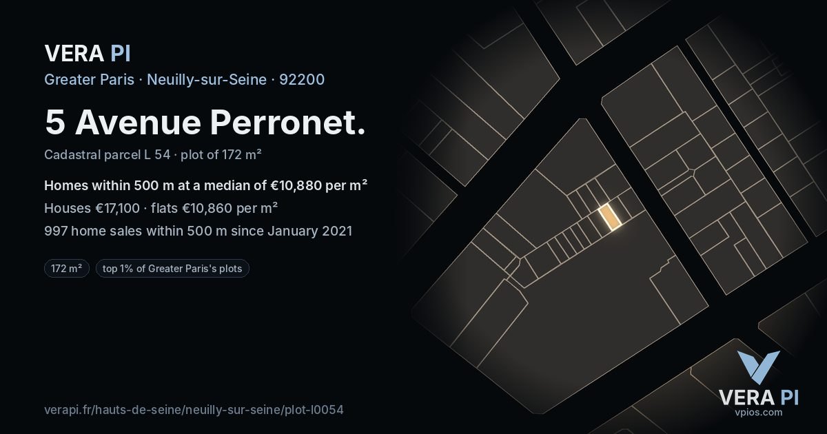 5 Avenue Perronet, Neuilly-sur-Seine at night – the plot lit, the parcels around coloured by the prices near them