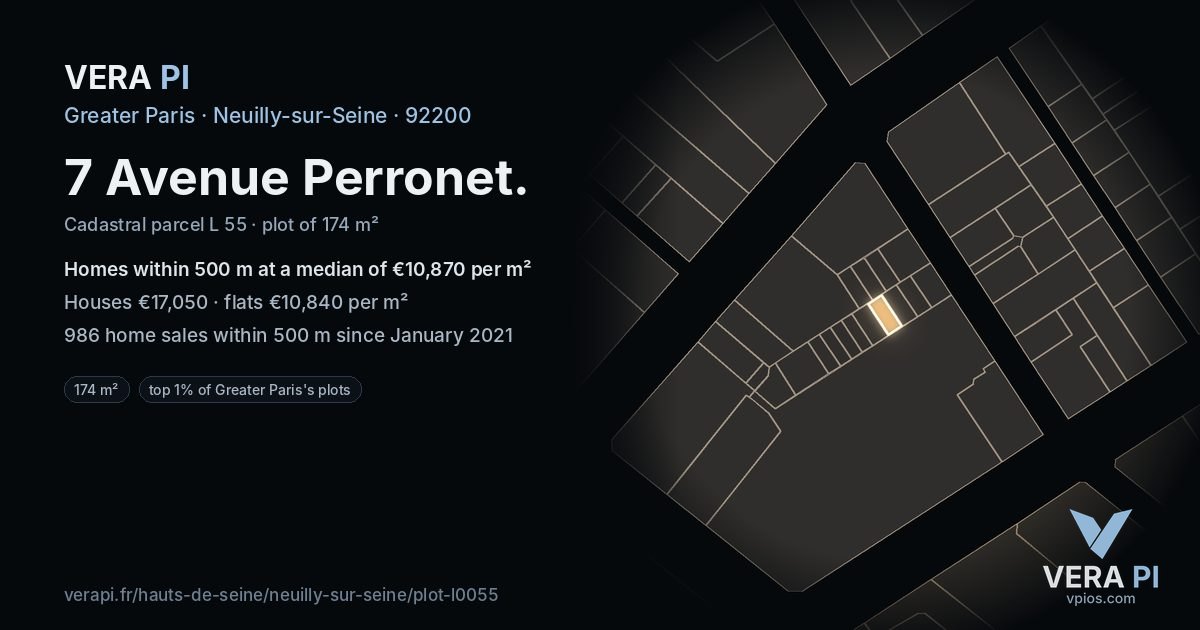 7 Avenue Perronet, Neuilly-sur-Seine at night – the plot lit, the parcels around coloured by the prices near them