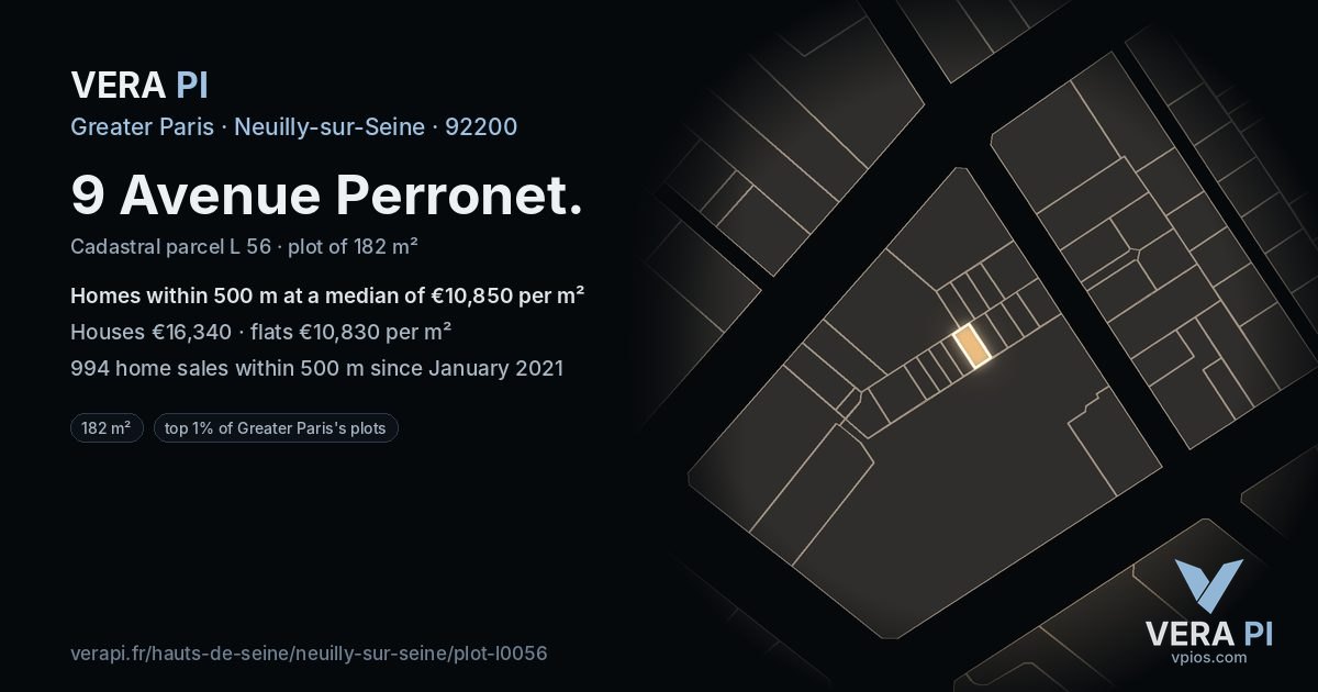 9 Avenue Perronet, Neuilly-sur-Seine at night – the plot lit, the parcels around coloured by the prices near them