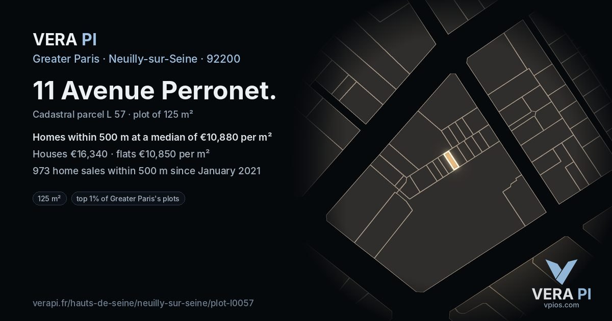 11 Avenue Perronet, Neuilly-sur-Seine at night – the plot lit, the parcels around coloured by the prices near them
