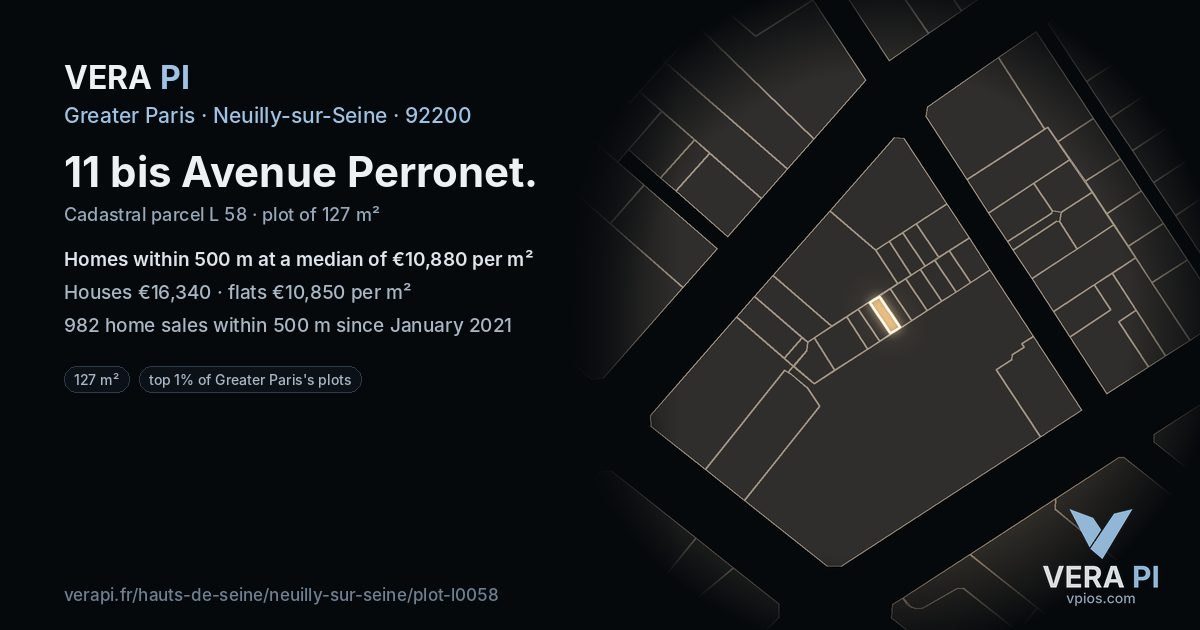 11 bis Avenue Perronet, Neuilly-sur-Seine at night – the plot lit, the parcels around coloured by the prices near them
