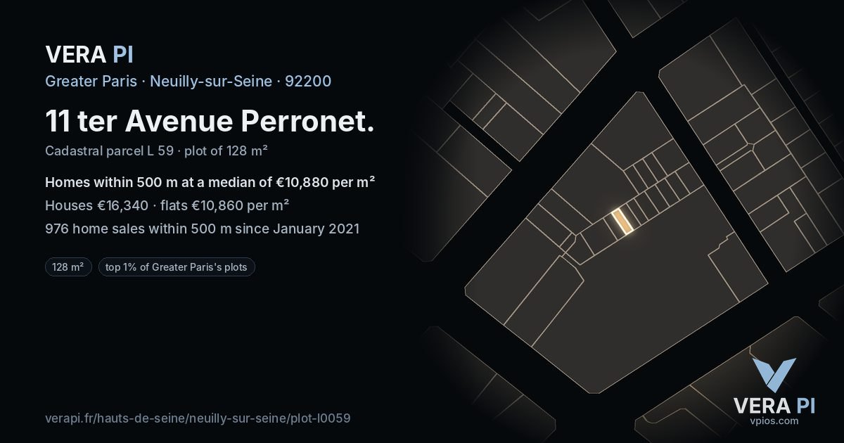 11 ter Avenue Perronet, Neuilly-sur-Seine at night – the plot lit, the parcels around coloured by the prices near them