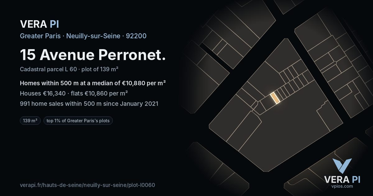 15 Avenue Perronet, Neuilly-sur-Seine at night – the plot lit, the parcels around coloured by the prices near them