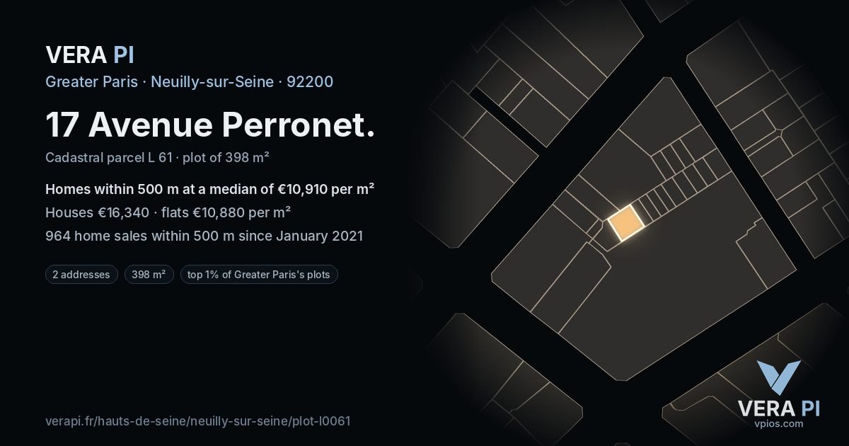 17 Avenue Perronet, Neuilly-sur-Seine at night – the plot lit, the parcels around coloured by the prices near them
