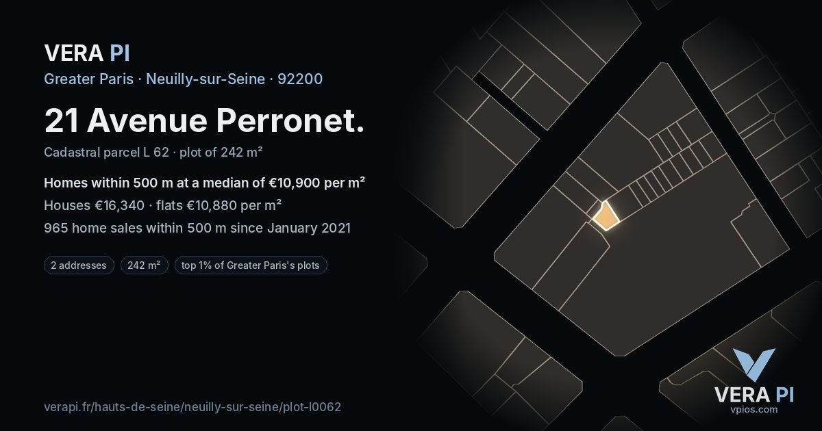 21 Avenue Perronet, Neuilly-sur-Seine at night – the plot lit, the parcels around coloured by the prices near them